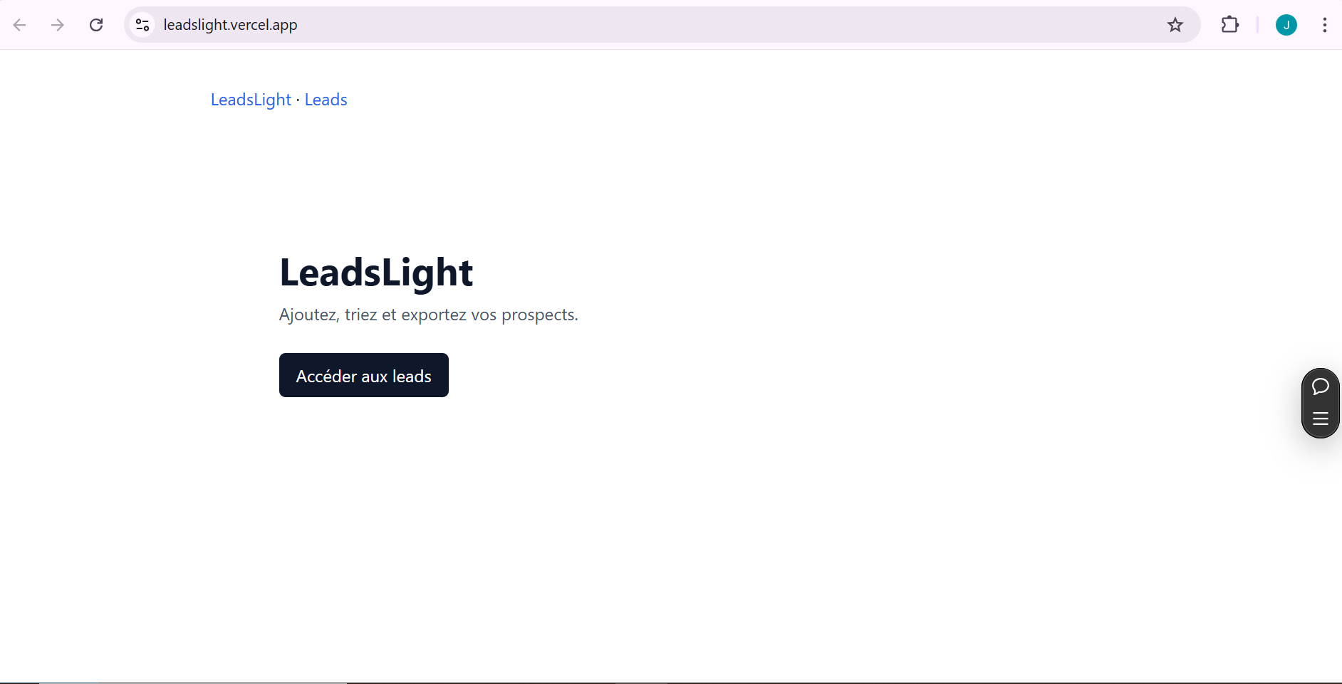 Capture de Leadslight : tableau de bord des leads